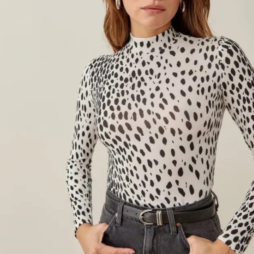 Reformation Bailey Cheetah Mock Neck Knit Top Long Sleeves Black White